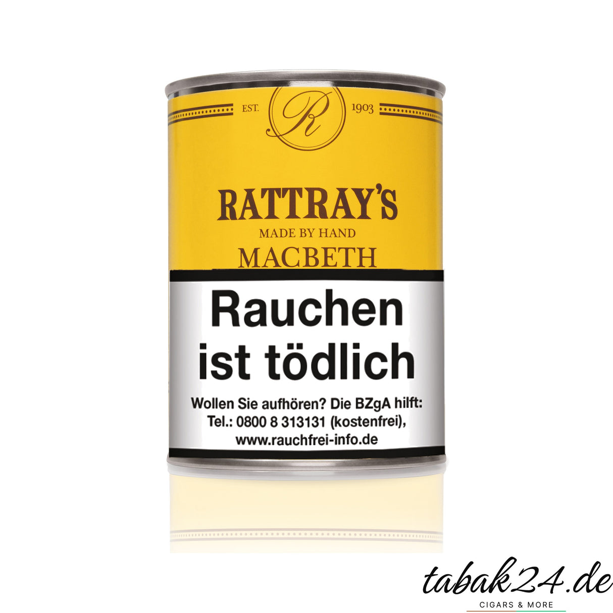 Rattray’s Macbeth Pfeifentabak abgebildet in der runden 100-g-Dose