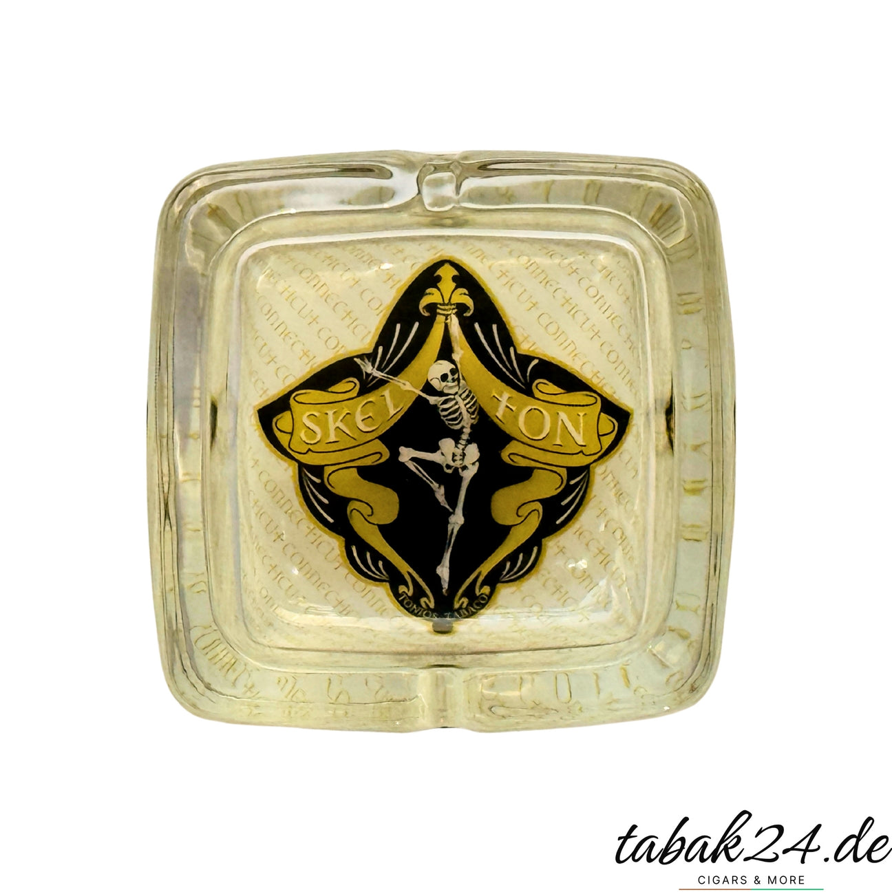 Skelton Glasaschenbecher Connecticut Edition – Draufsicht mit goldenem Skelett-Logo