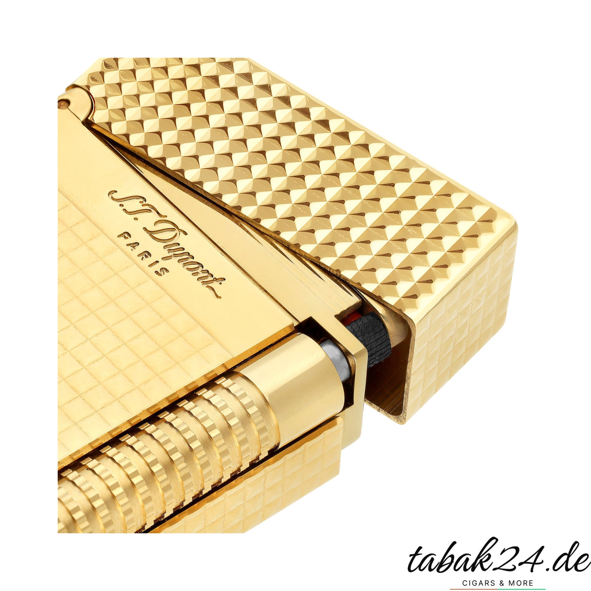 S.T. Dupont Le Grand C23009N Diamond Head Gelbgold – Nahaufnahme Scharnier und Rillenstruktur