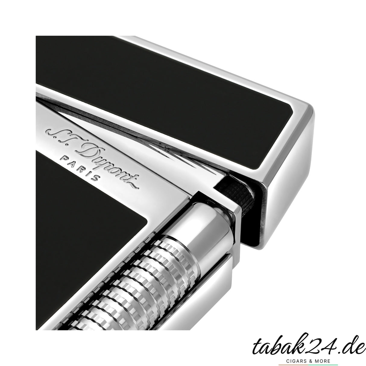 S.T. Dupont Le Grand C23010N Schwarz Lackiert Palladium – Nahaufnahme Scharnier und Rillenstruktur