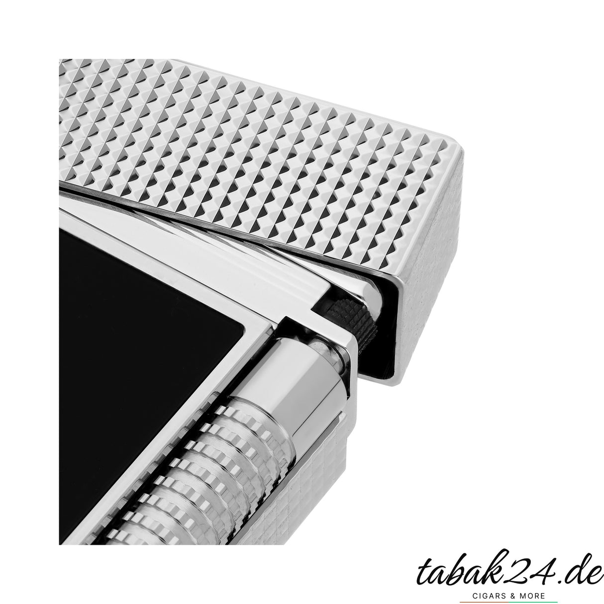S.T. Dupont Le Grand C23780CL Schwarz Guilloche Palladium – Nahaufnahme Scharnier und Rillenstruktur