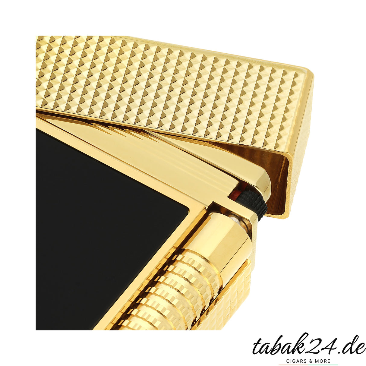S.T. Dupont Le Grand C23790CL Schwarz Guilloche Gelbgold – Nahaufnahme Scharnier und Rillenstruktur