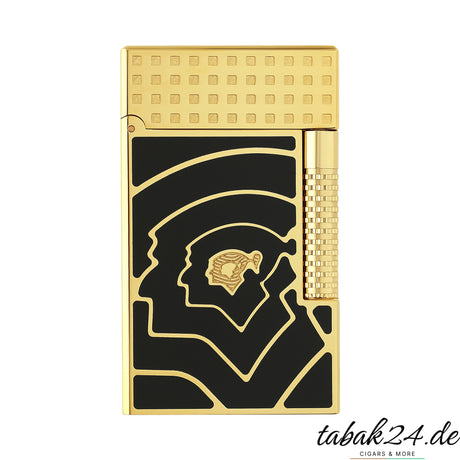 S.T. Dupont Le Grand Cohiba 60th Anniversary Feuerzeug – Vorderansicht mit Indianerkopf-Gravur in Gold und schwarzem Lack