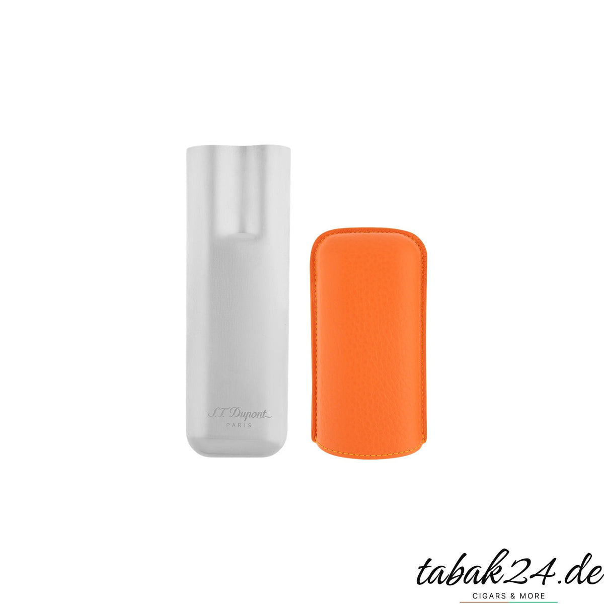 S.T. Dupont Zigarrenetui 2er Leder Orange Chrom – Detailansicht mit abnehmbarer Metallkappe