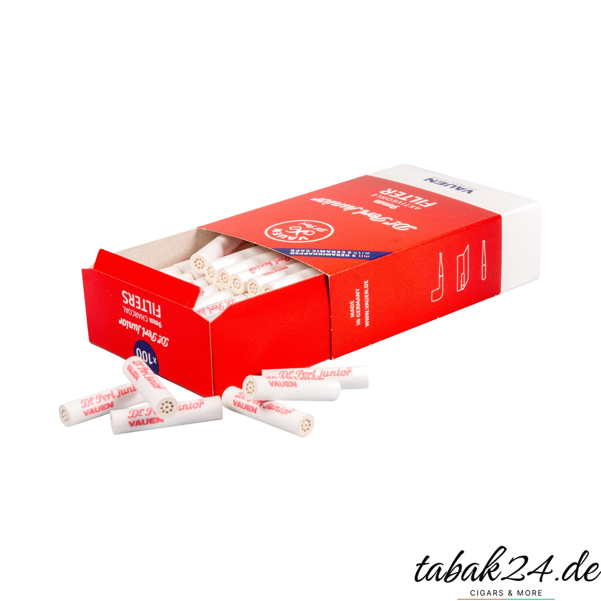 Vauen Dr Perl Junior Aktivkohle-Filter 9 mm 100 Stück geöffnete Schachtel mit Filtern