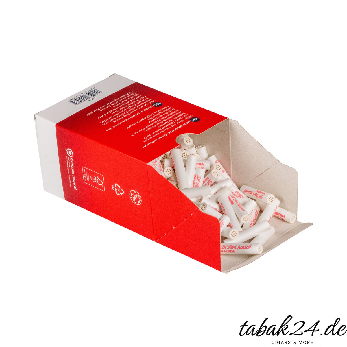 Vauen Dr Perl Junior Aktivkohle-Filter 9 mm 180 Stück geöffnete Schachtel mit Filtern
