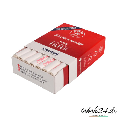 Vauen Dr Perl Junior Aktivkohle-Filter 9 mm 40 Stück geöffnete Schachtel mit Filtern