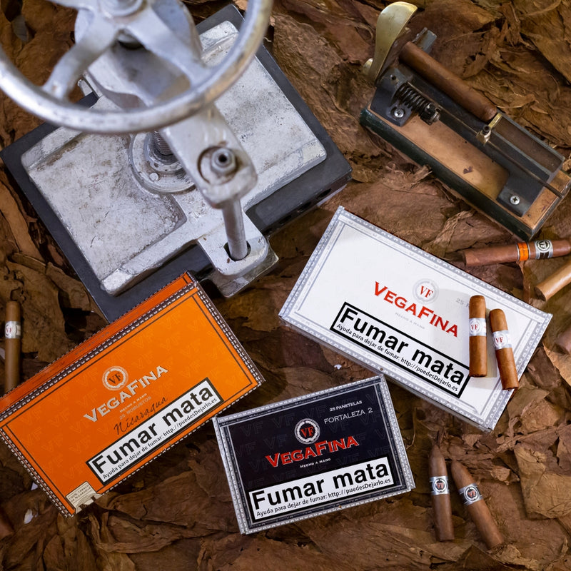 VegaFina Zigarren mit Verpackungen auf Tabakblättern arrangiert