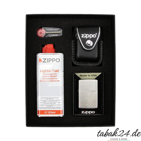 Zippo Geschenkset Chrom gebürstet – Geschenkbox mit Feuerzeug, Ledertasche und Benzin