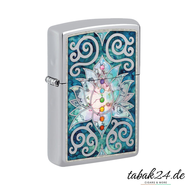 Zippo Lotus Flower – Sturmfeuerzeug Chrom poliert mit farbiger Lotusblüte
