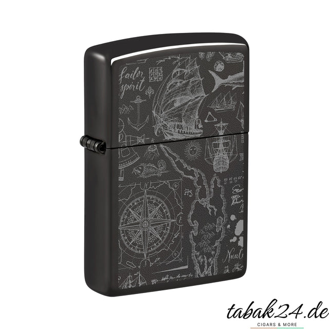 Zippo Nautical Pattern – Sturmfeuerzeug Schwarz poliert mit Seekarten-Gravur